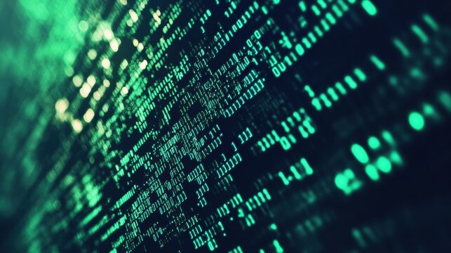 Green cascading binary code on a dark background digital