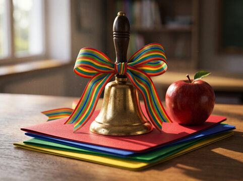 Brass handheld school bell with rainbow ribbon sitting on stack of colored folders and red apple on wooden teacher desk.