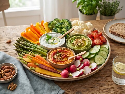 Assorted Fresh Vegetable Platter with Nutritious Dips and Whole Grain Bread for Healthy Plant-Based Dining and Appetizer Presentation