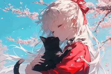 Obraz premium Beautiful anime girl with silver hair kissing cute black cat under blooming cherry blossom trees. Concept for Japanese spring festival greeting card, gentle domestic pet care advertising
