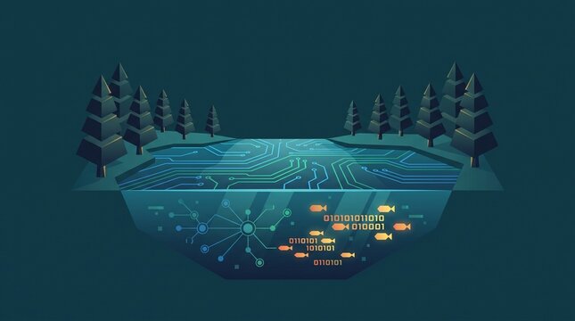 Digital forest landscape with electronic circuit lake and glowing binary fish swimming in data stream representing ecological technology integration for modern concept.