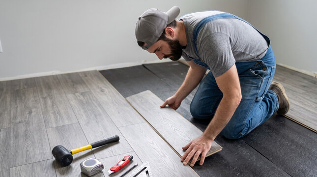 Construction worker installing laminate flooring in a room renovation project