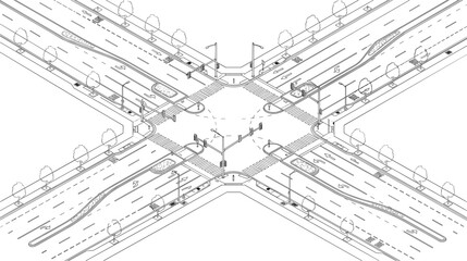 Obraz premium Isometric vector line art illustration of a city street intersection with traffic lights and crosswalks