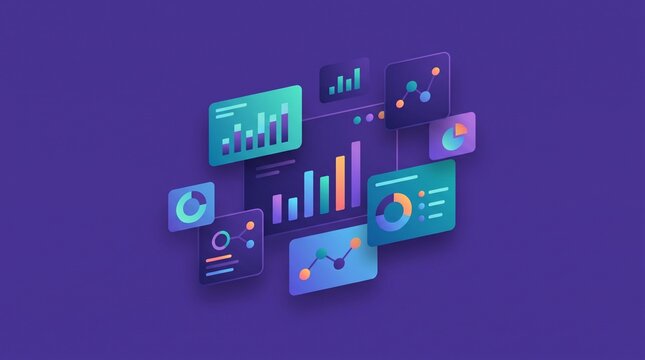 Data analysis and business intelligence concept with various colorful charts graphs diagrams on dark purple background for marketing finance reporting.