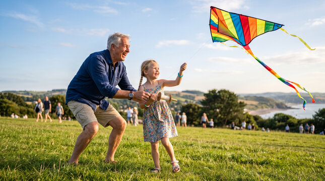 Grandfather and granddaughter flying a colorful kite on a sunny day in a grassy field