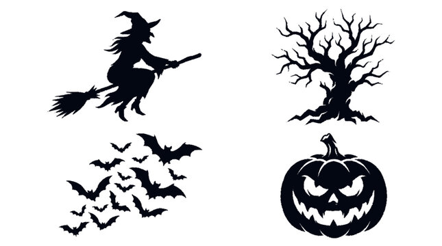 Black silhouette collection featuring witch flying broomstick spooky tree bats and jack o lantern pumpkin elements with gnarled tree swarm