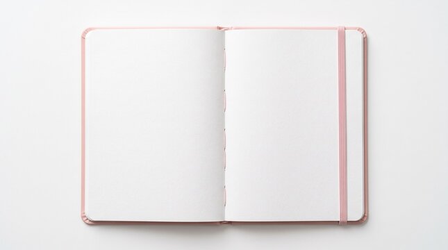 Open Pink Notebook with Blank White Pages and Elastic Band, Top View Flat Lay Mockup on White Background