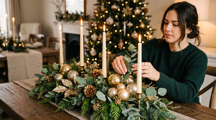 Naklejka premium Woman decorating a festive Christmas table centerpiece with greenery and ornaments