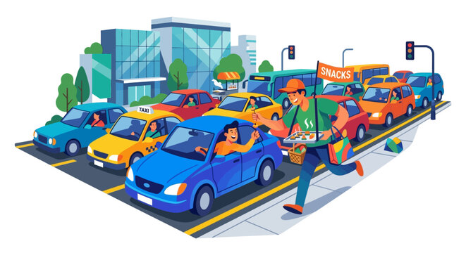Street vendor selling snacks to drivers in a busy city traffic jam illustration.