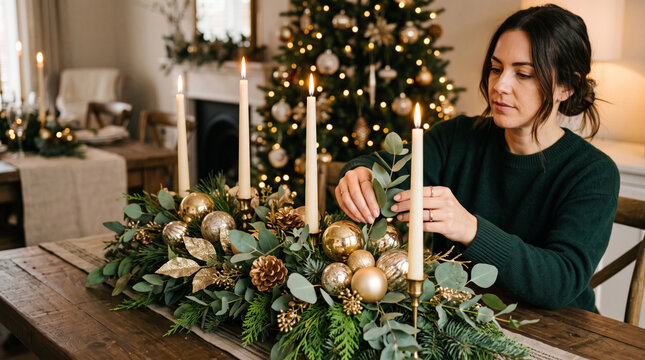 Woman decorating a festive Christmas table centerpiece with greenery and ornaments