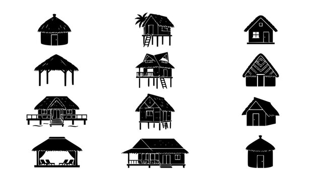 Traditional island bungalow and beach hut silhouette vector collection