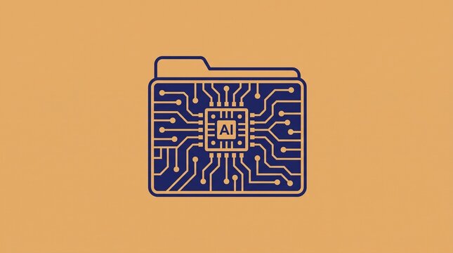 Folder icon with integrated ai microchip circuitry design in blue and orange colors represents intelligent file management systems for advanced digital documents.