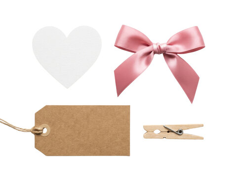 Heart shape blank tag pink satin bow and wooden clothespin on transparent background