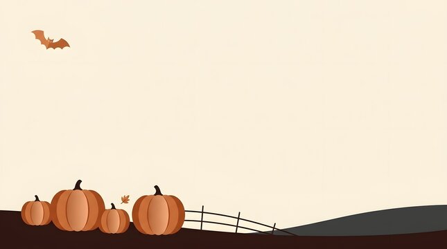 Harvest season autumn background with pumpkins wooden fence flying bat and soft cream sky, halloween