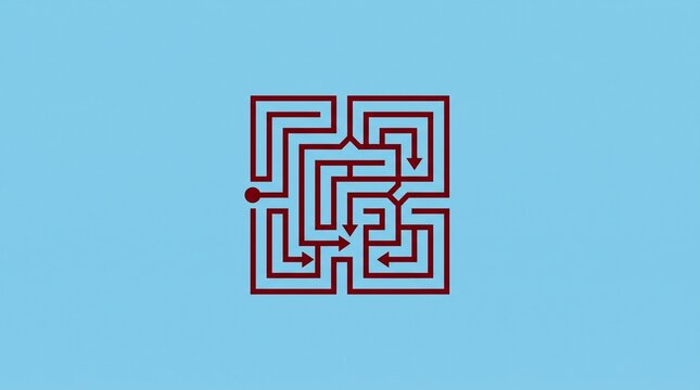 Minimalist red labyrinth maze path design with dark blue background for complex problem solving logic games educational posters and strategic planning concepts.