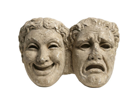 Ancient stone theatrical comedy and tragedy masks symbolizing drama and emotion