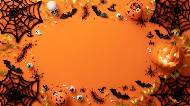 A festive halloween background featuring decorative pumpkins spiders webs bats and spooky eyeballs arranged around a central blank orange space for your holiday party text