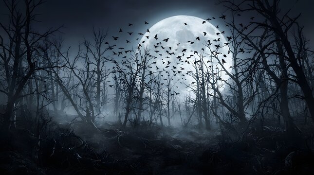 A spooky dark forest scene featuring a bright full moon shining through bare tree branches creating a mysterious and atmospheric scary halloween background for designs