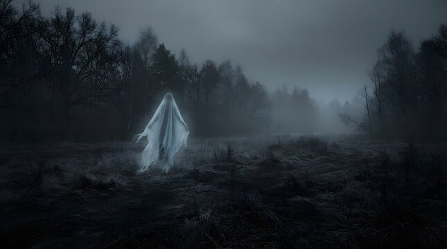 A spooky glowing ghost figure standing in a dark misty forest at night creates a perfect halloween background for your scary holiday themed design projects