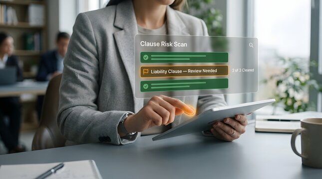 Businesswoman interacting with a digital holographic interface showing a clause risk scan on tablet