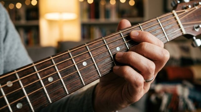 Close up of a person playing an acoustic guitar, focusing on the hand and strings.