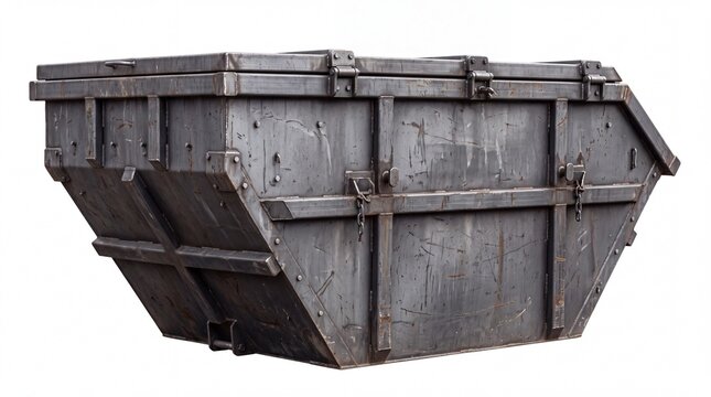Industrial metal dumpster featuring heavy steel construction and weathered surface details captured from a side perspective view on white background