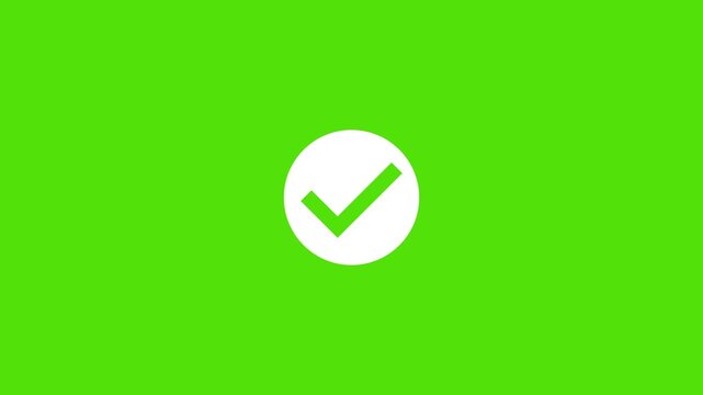 White checkmark animation on green background. Tick mark animation, success approval correct sign intro template.