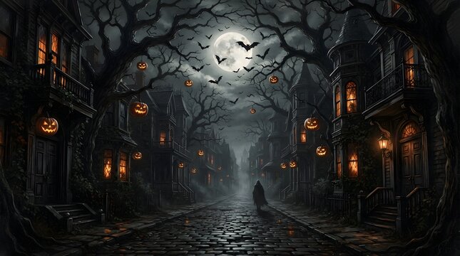 A spooky and atmospheric halloween background featuring a dark misty forest path with a glowing full moon bats and eerie glowing lanterns in the night