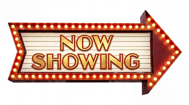 Vintage cinema marquee sign with glowing light bulbs displaying the gold lettering now showing isolated upon a clean on white background