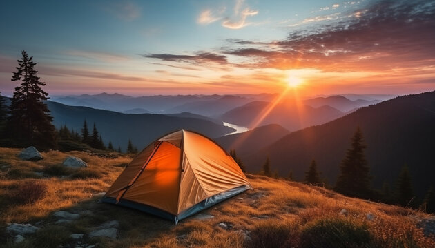 Camping tent high in the mountains. tourist tent camping in mountains at sunset