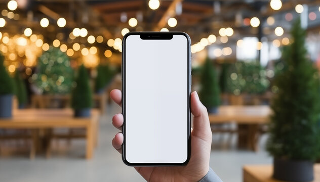 Hand holding mobile phone with empty screen for mockup