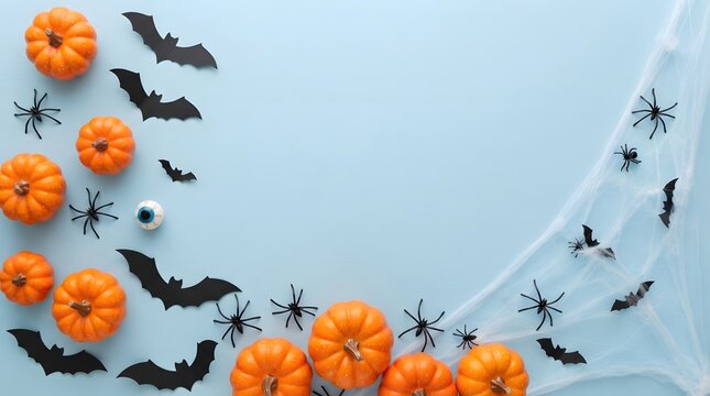 A flat lay halloween background featuring orange pumpkins black paper bats and spooky spiders arranged on a light blue surface with copy space for text