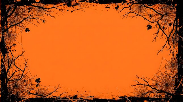 A vibrant orange halloween background featuring a dark silhouette border of twisted tree branches perfect for seasonal graphic design projects and festive holiday social media