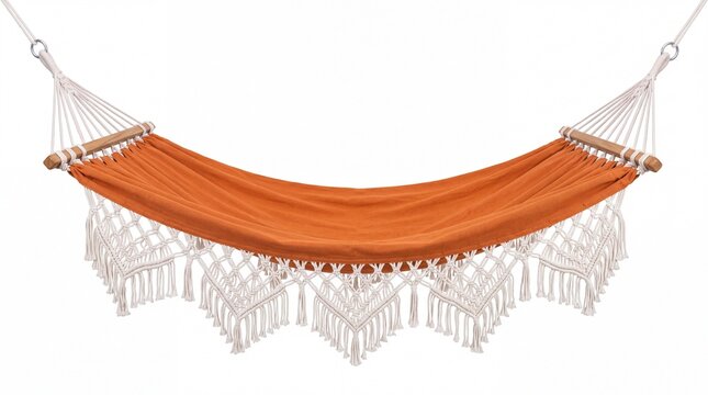 Comfortable orange hammock with decorative macrame fringe and sturdy wooden support bars for backyard summer relaxation hanging on white background