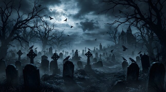 A spooky and mysterious halloween background featuring a dark graveyard with ancient tombstones under a glowing full moon with flying bats in a misty night