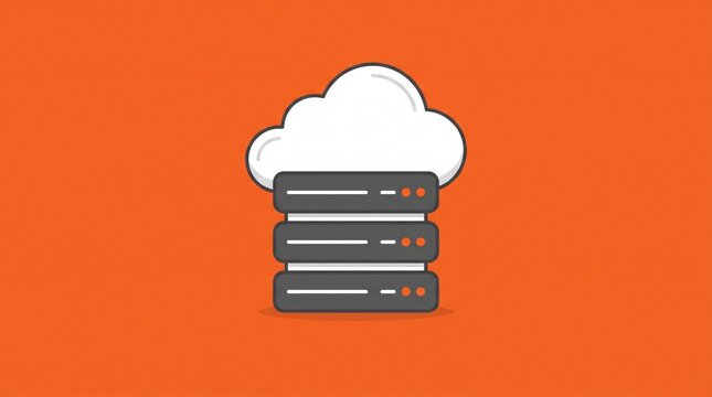Data server cloud icon on orange background illustrates web hosting storage services network infrastructure and digital computing technology for businesses.