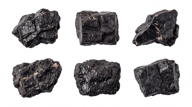 Detailed anthracite coal rocks showing sharp geometric edges and rough glossy textures captured in high resolution isolated on white background