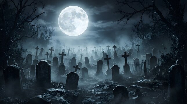 A dark and spooky graveyard scene under a bright full moon creates the perfect eerie halloween background for your seasonal holiday design projects and posters