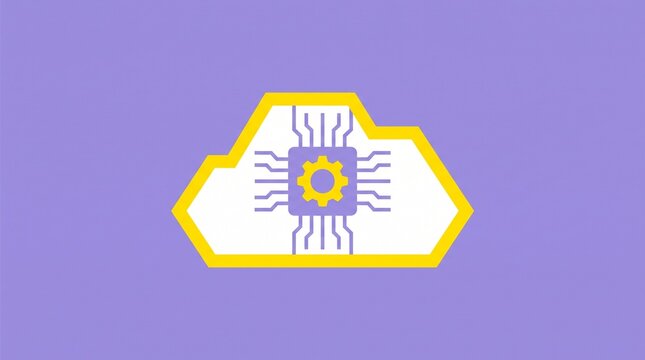 Stylized yellow and white cloud icon enclosing purple processor chip, symbolizing cloud computing, data processing, and digital infrastructure.