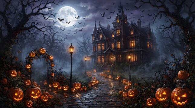 A spooky haunted mansion with glowing jack o lanterns and a full moon in the night sky creates a perfect eerie halloween background for parties