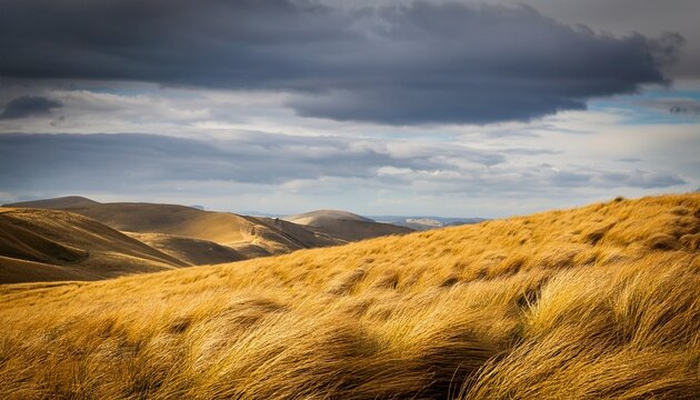 golden grass blowing in wind on rolling hills under overcast sky