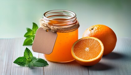 Fototapeta premium a glass jar of orange marmalade with a blank paper tag tied to the lid accompanied by a fresh orange slice and green mint leaves