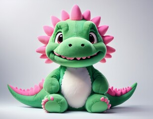Fototapeta premium a cute stylized green dinosaur plush toy with pink spikes white belly and cheeks isolated on a plain white background