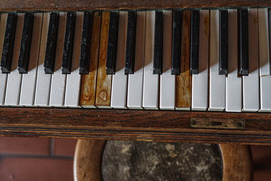 Grunge old piano artistic photography. Aged retro musical instrument.