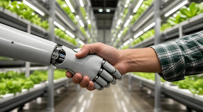 Robot hand shaking hands with a human in a modern vertical indoor hydroponic farm facility.