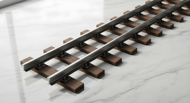 Detailed train tracks on white marble surface - railway transportation and progress concept