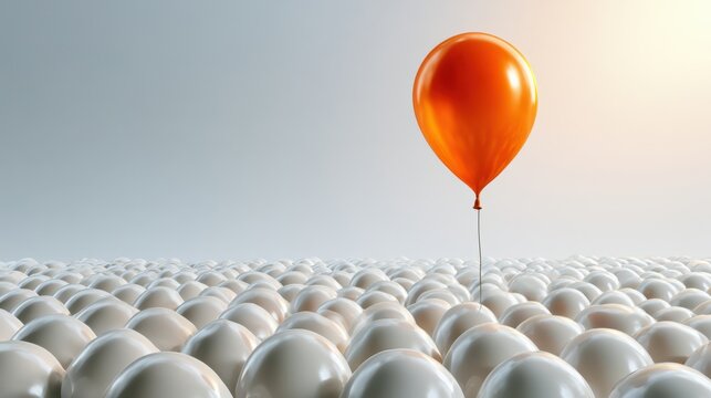 An orange balloon stands out above a sea of white balloons, symbolizing uniqueness and individuality against a minimalist gray background.
