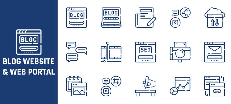 Blog website and web portal icon set, 15 blue line vector icons, digital content and SEO symbols