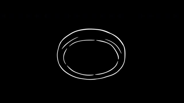 Minimalist white line art 2D cartoon coin spinning animation,rotation loop on black background. Silhouette motion element for business or game.