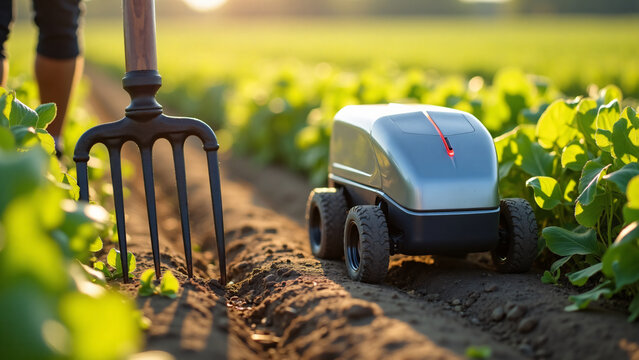Pitchfork Beside Autonomous Sprayer Agricultural Technology